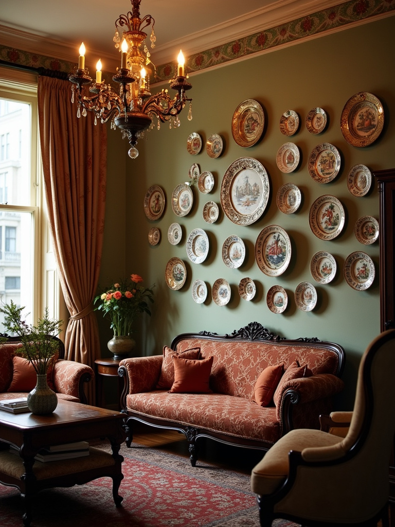 A vintage style living room featuring a wall decorated with a collection of antique decorative plates in various patterns and sizes.