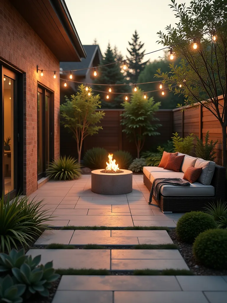 Modern backyard patio with pavers, string lights, and fire pit at sunset