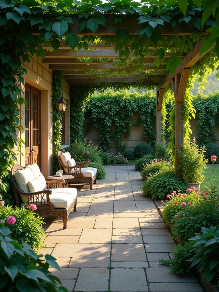Overhead shot of stone patio with vine covered pergola and garden beds