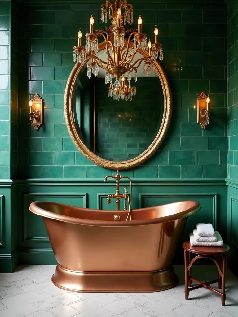 Elegant bathroom featuring emerald tiles, copper tub, and gold mirror