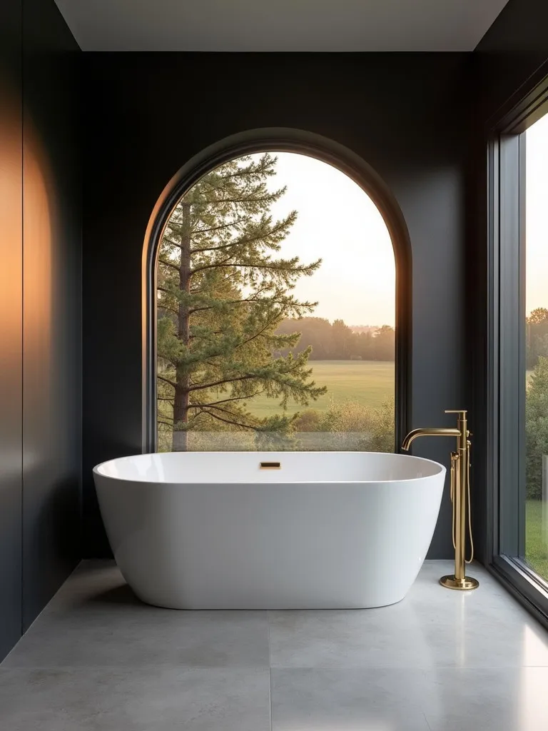 Elegant bathroom with black wall, white tub, and arched window
