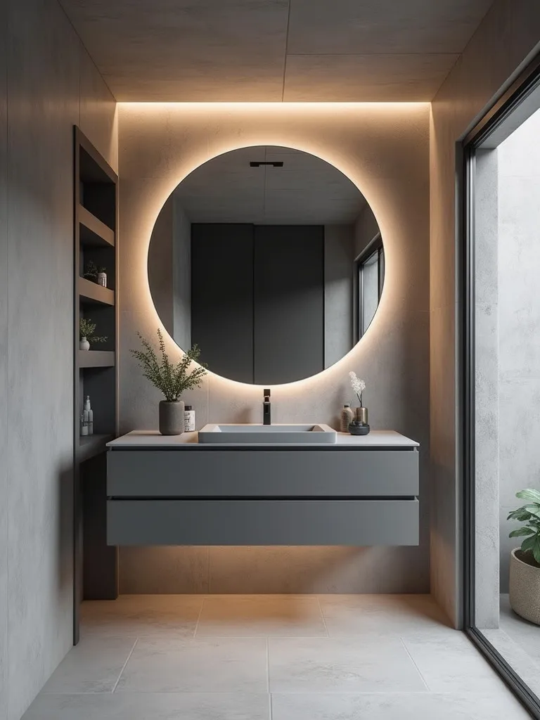 Chic bathroom with concrete walls, grey vanity, and LED lighting
