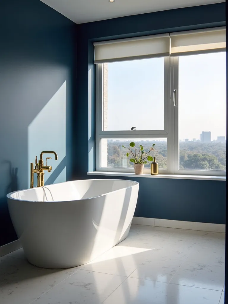 Elegant bathroom with city view, featuring navy wall and white tub