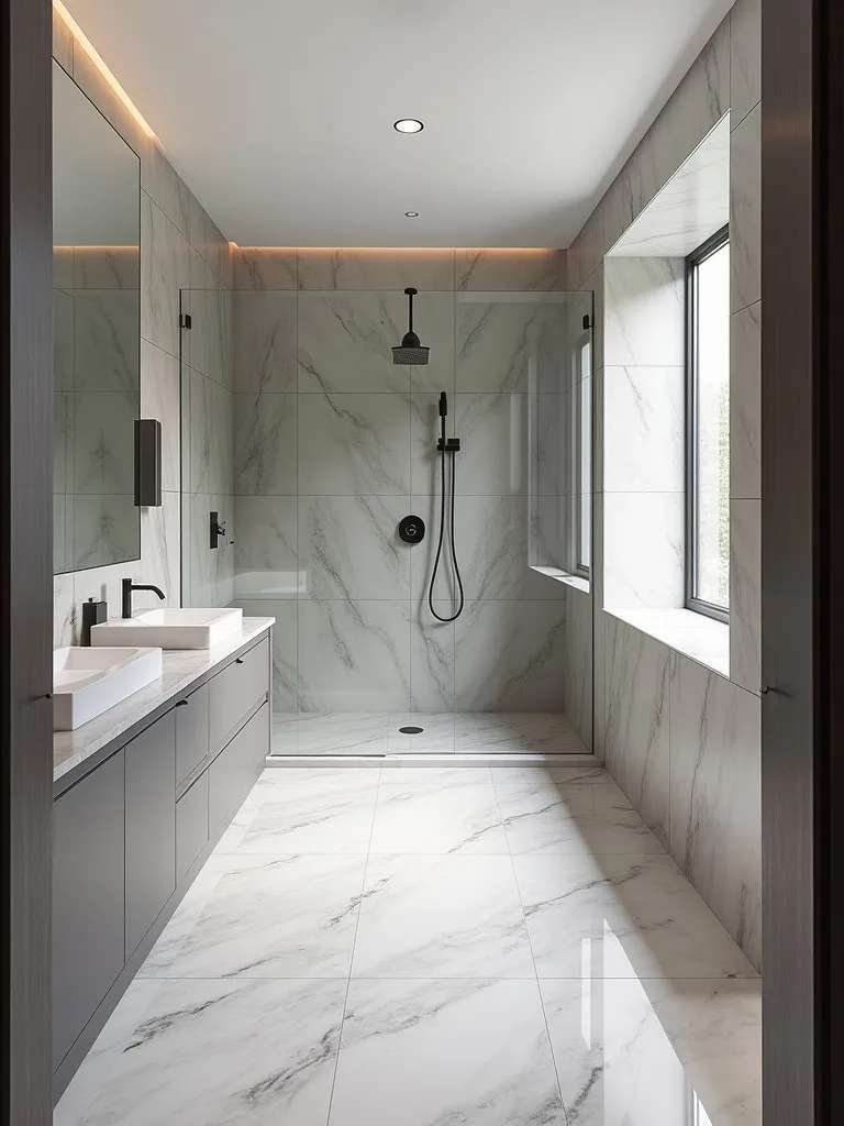 Elegant bathroom with marble effect tiles, glass shower, and double vanity