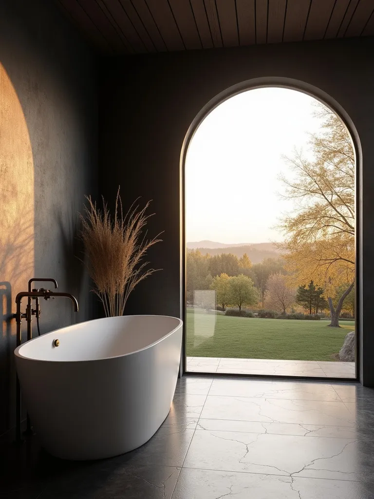 Modern bathroom featuring black wall, white tub, and scenic window view
