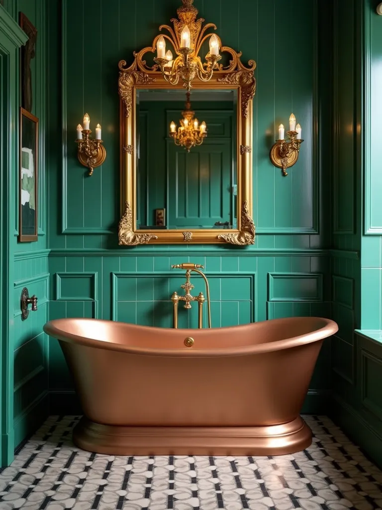 Luxe bathroom with copper tub, emerald tiles, and gold accents