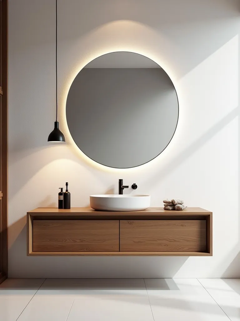 Modern bathroom featuring floating wood vanity and black accents
