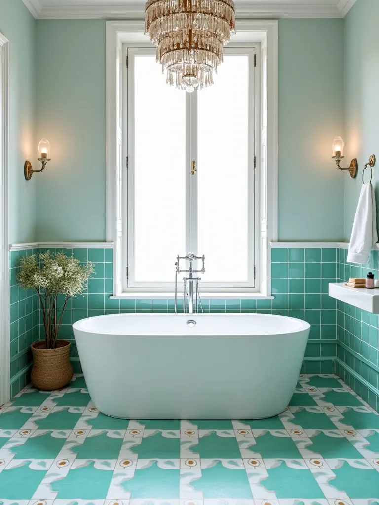 Modern bathroom featuring teal geometric floor and white oval bathtub