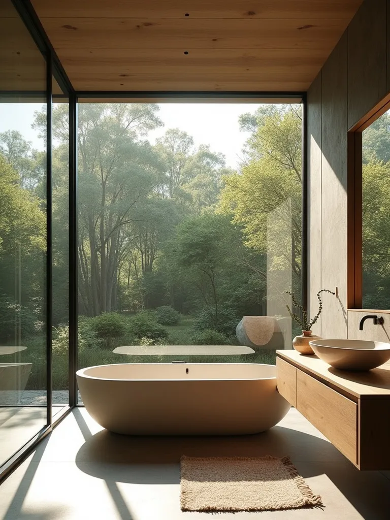 Peaceful bathroom with garden view, stone elements, and wooden vanity