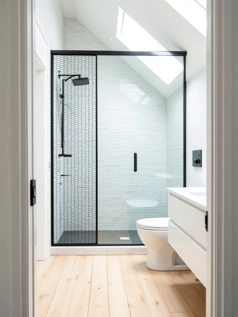 Modern bathroom with white tiles, black shower screen, and wood floor