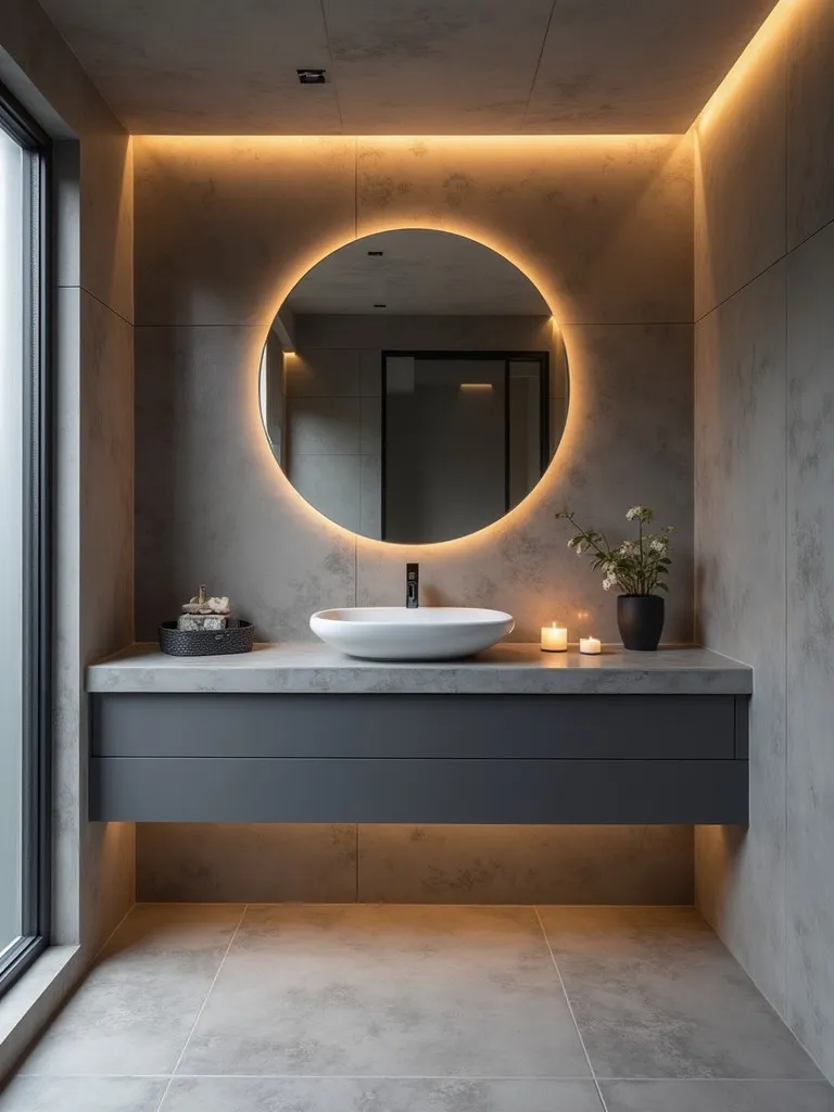 Modern grey bathroom with textured walls, floating vanity, and backlit mirror