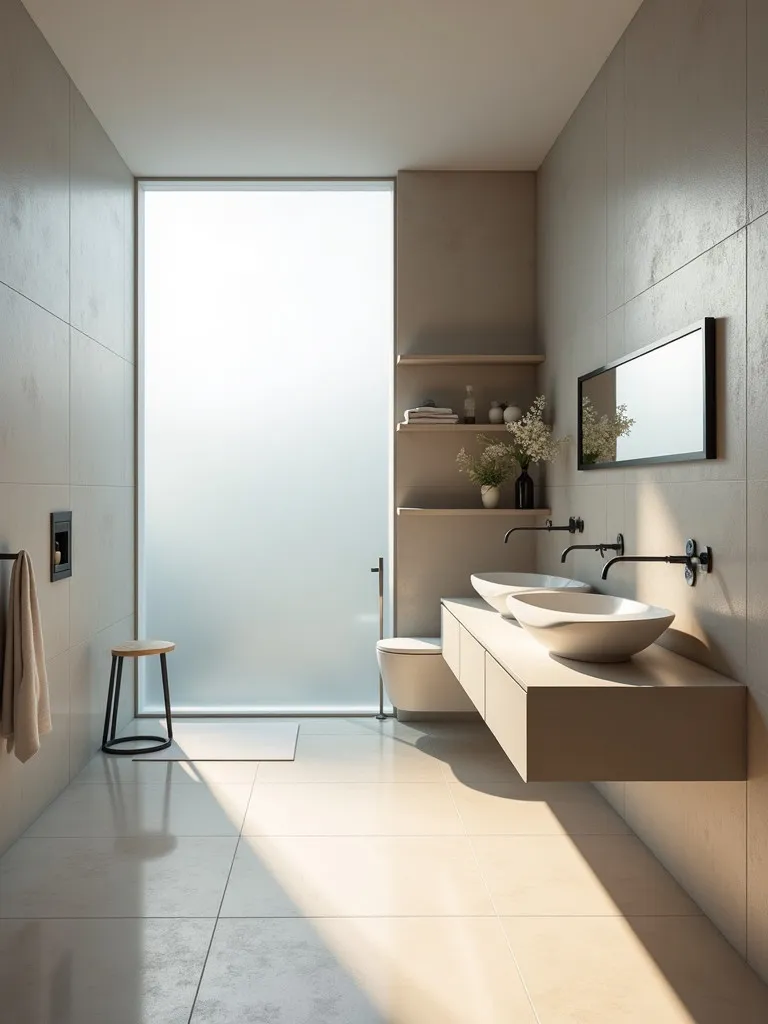 Minimalist bathroom with floating shelves and hidden storage