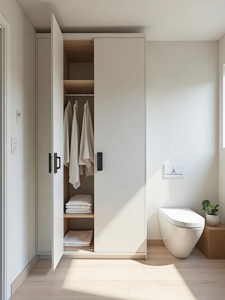 Minimalist bathroom with handleless cabinets and concealed laundry storage
