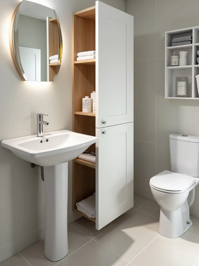 Modern bathroom with space saving slim pull out cabinet beside vanity