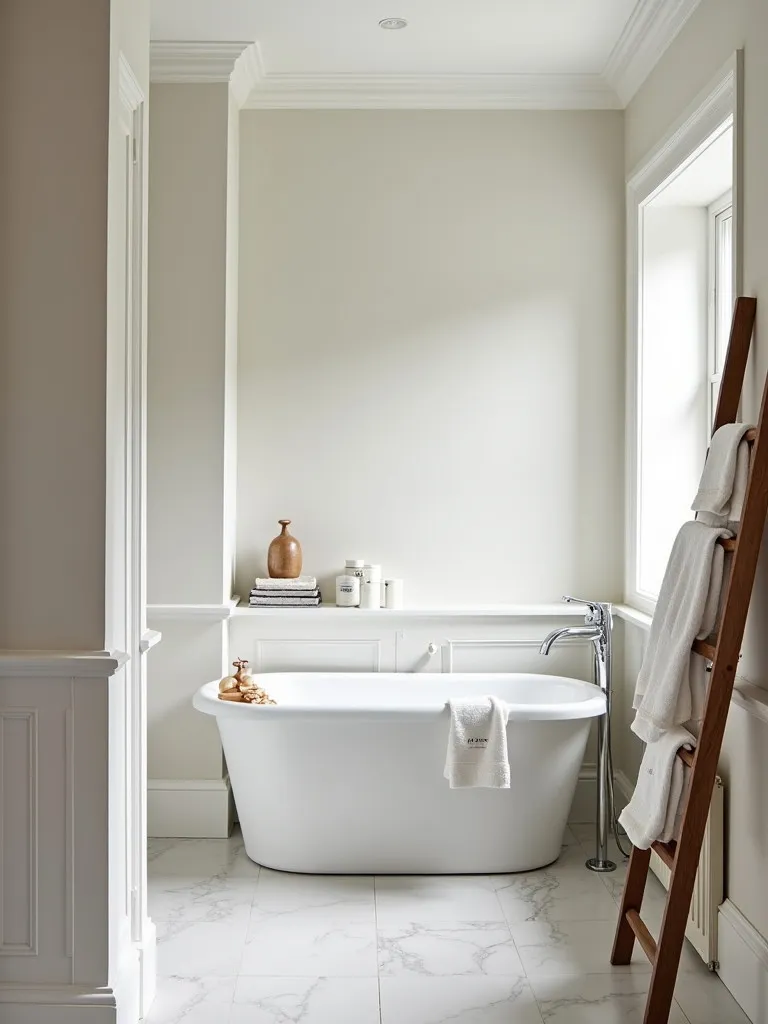 Spacious modern bathroom featuring a tub and decorative ladder shelf
