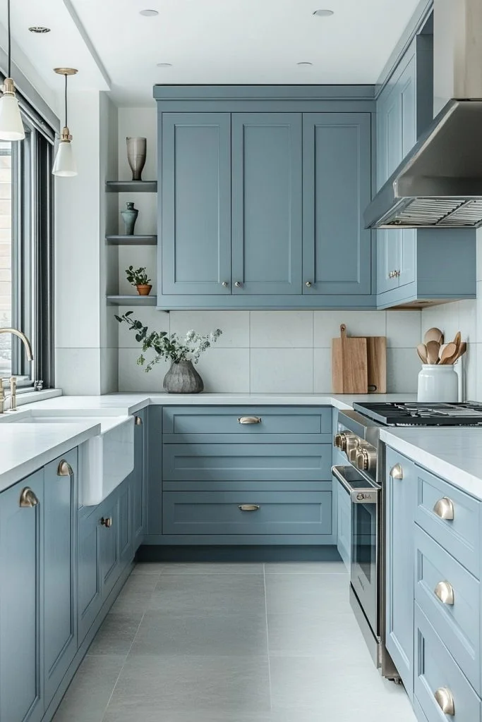 Subtle Arctic Blue Kitchen Cabinets