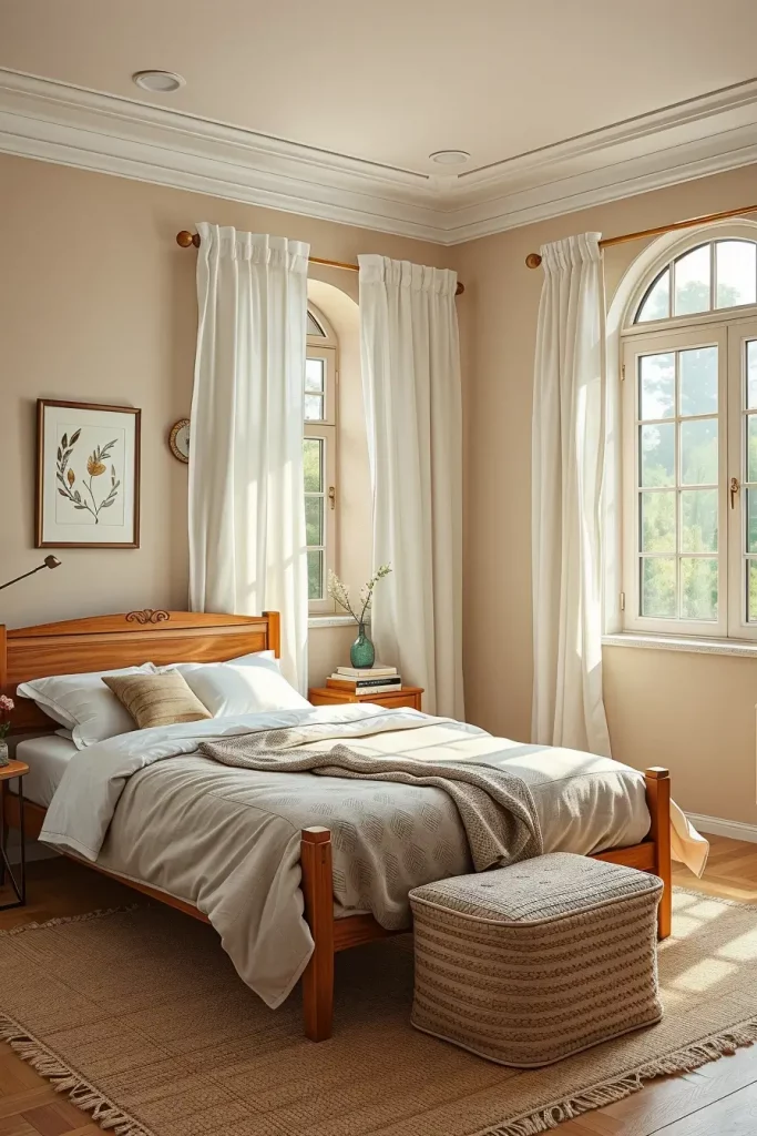 Neutral guest bedroom with natural wood accents
