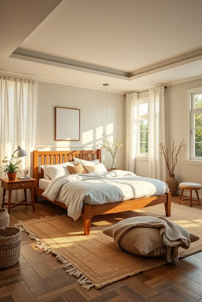 Minimalist guest bedroom with layered textiles