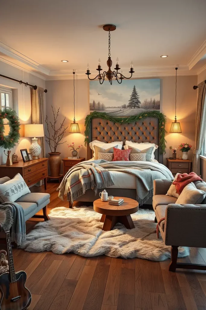 Winter guest room with layered textiles