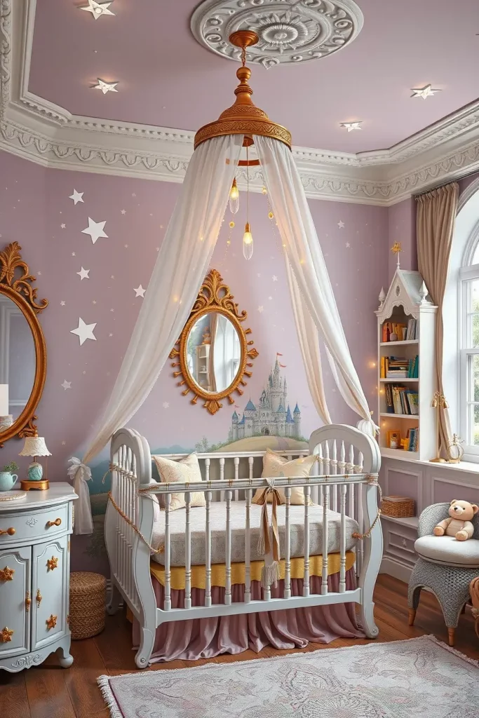 Fairy-tale themed nursery with canopy crib and twinkle lights
