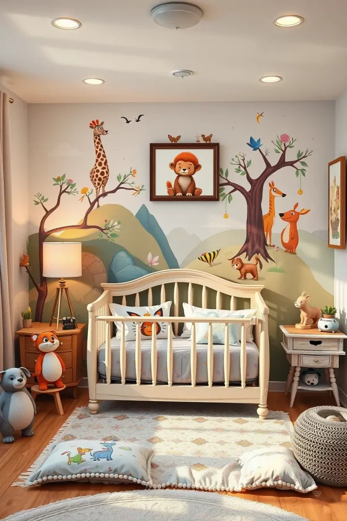 Nursery with soft animated murals and themed bedding