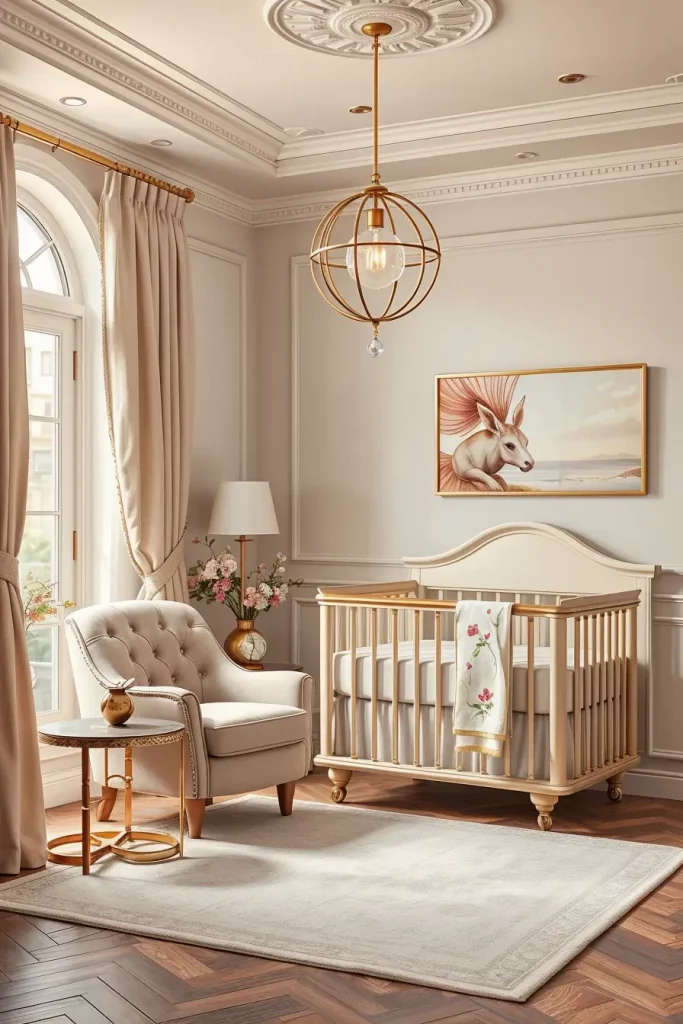 Elegant nursery with velvet glider and gold accents