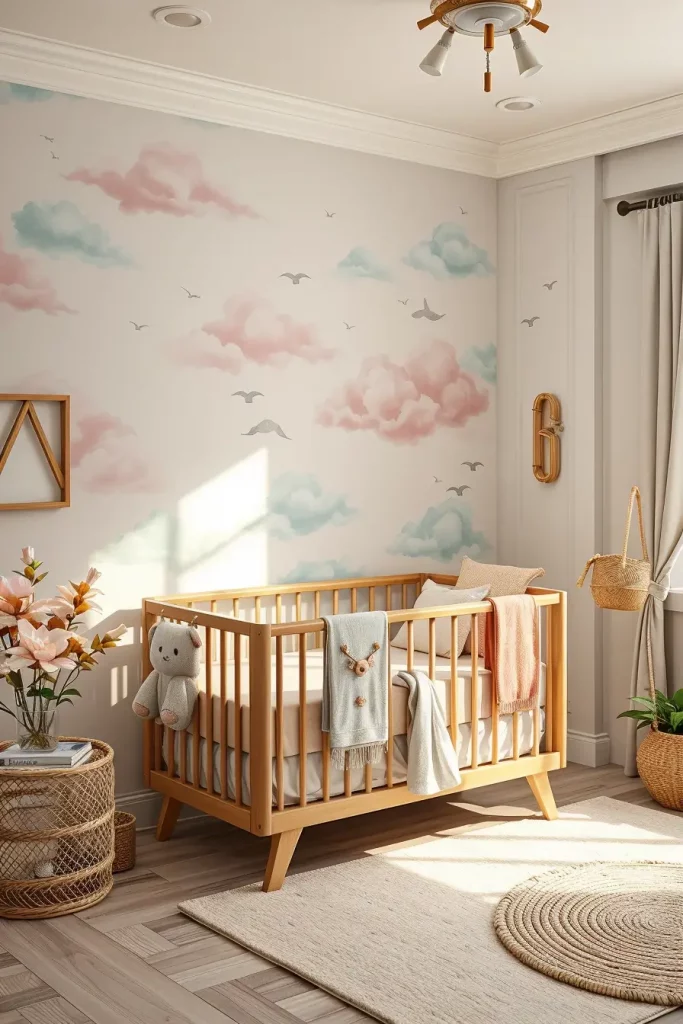 Pastel nursery with soft colors and natural materials