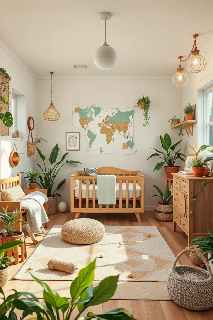 Eco-friendly nursery with natural materials and plants
