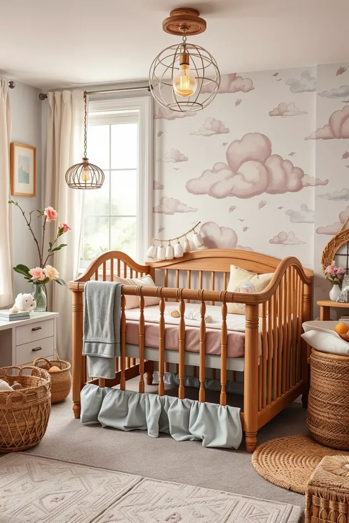 Nursery with pastel tones and soft textiles