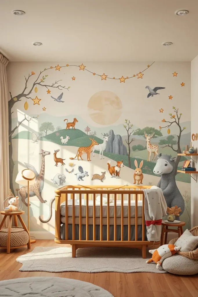 Nursery with fantasy-themed wall mural
