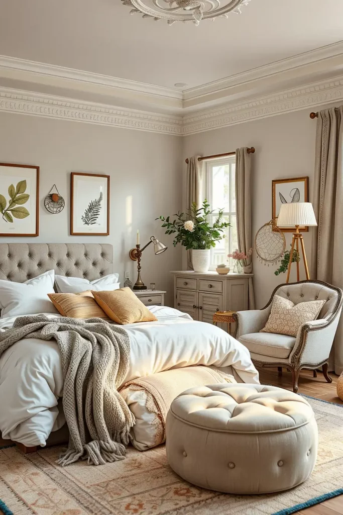 Layered textiles in bedroom