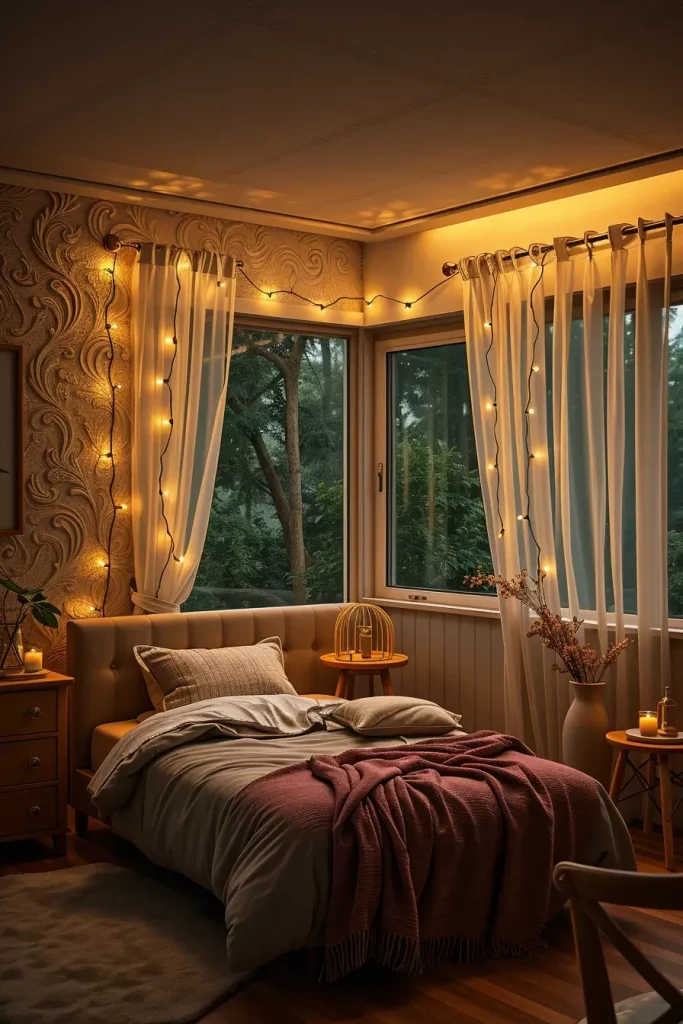 Fairy lights in bedroom
