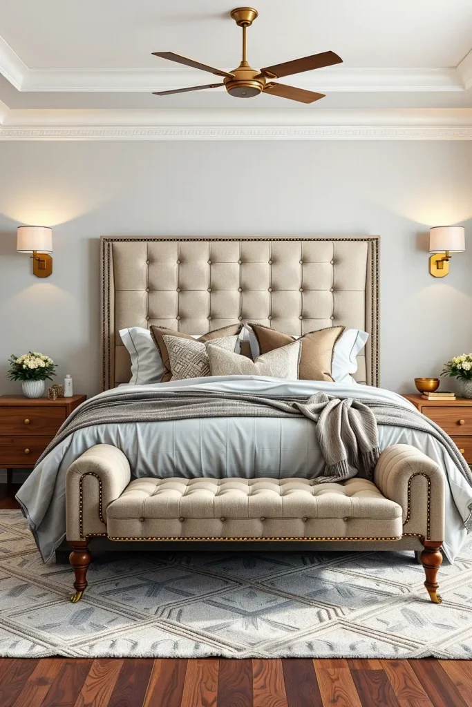 Elegant bedroom with upholstered headboard