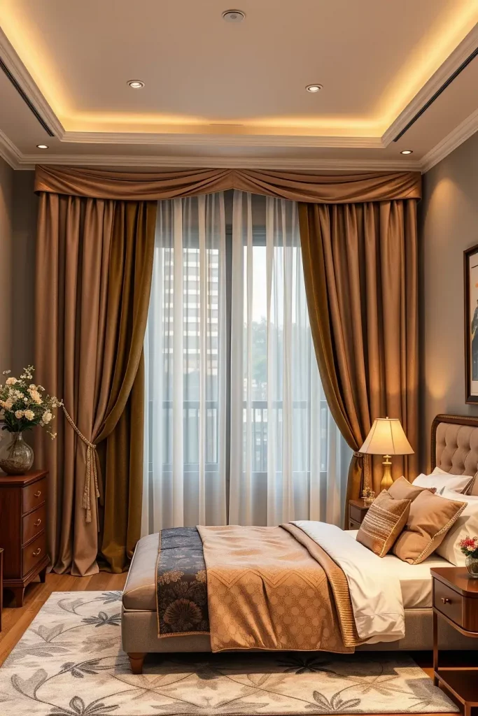 Layered curtains in bedroom