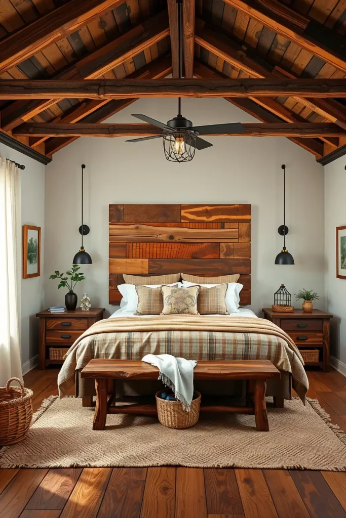 Cozy bedroom with rustic wood
