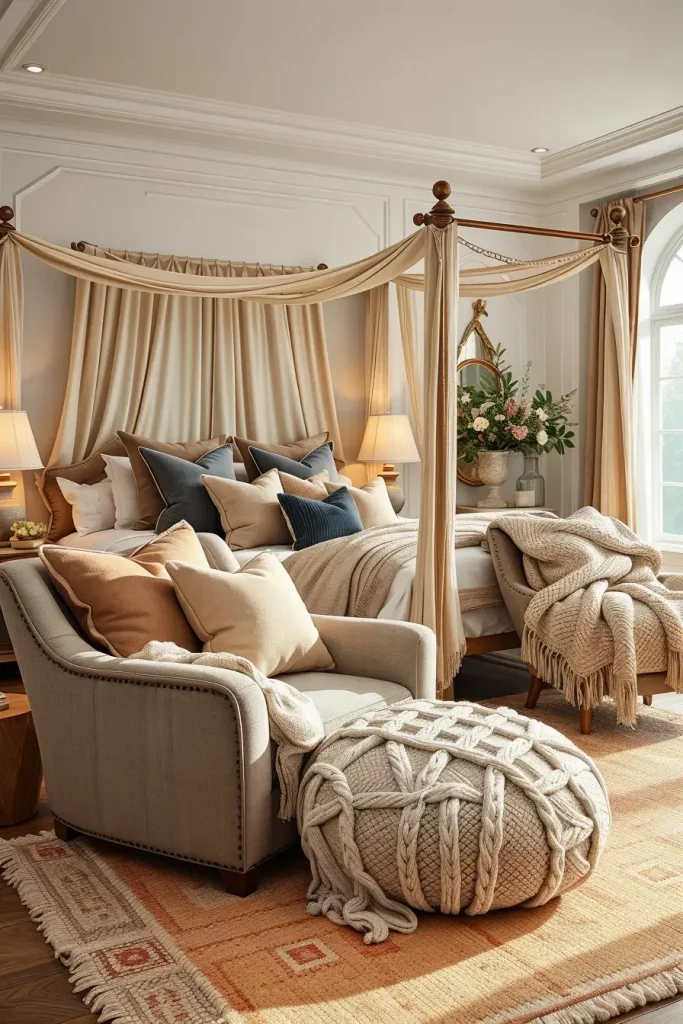 Cozy bedroom with layered textiles