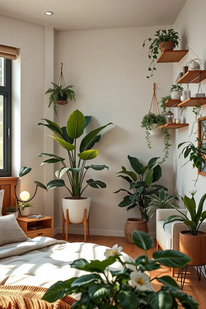 Green plants in cozy bedroom