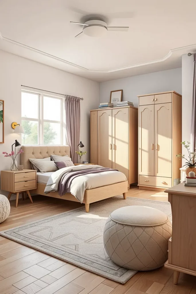 Light wood furniture with geometric rug in girl's bedroom