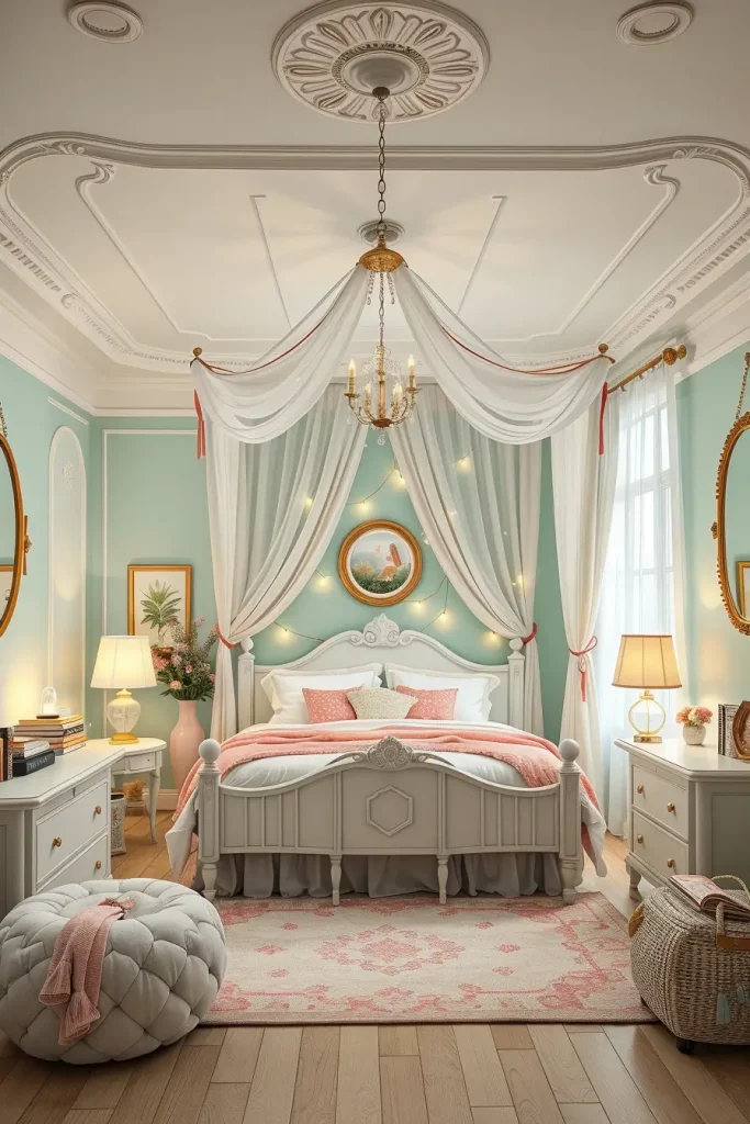 Pastel bedroom with fairy lights and layered bedding