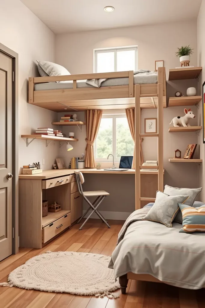 Compact girl's bedroom with loft bed and modular storage