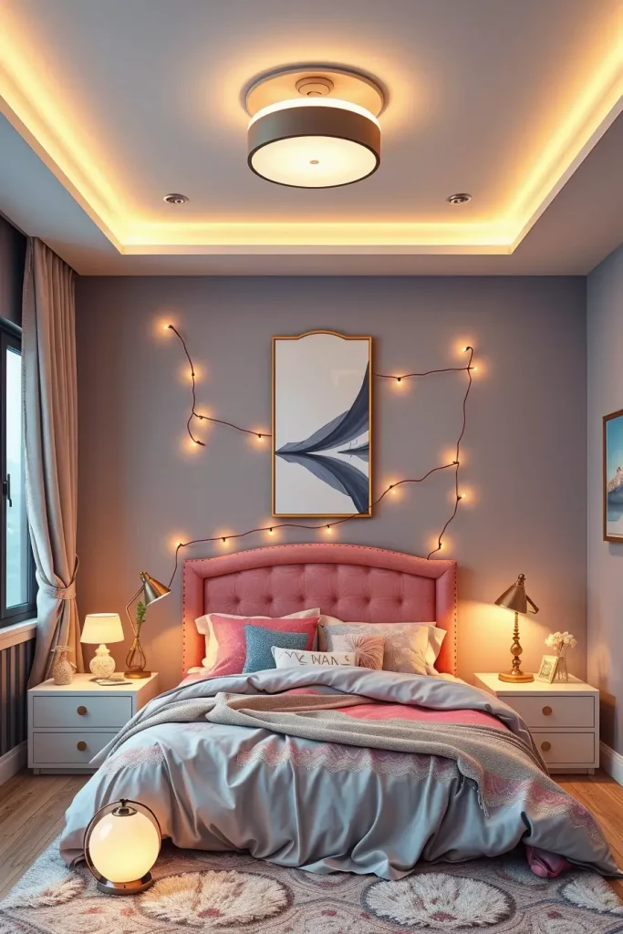 Layered lighting in girl's bedroom