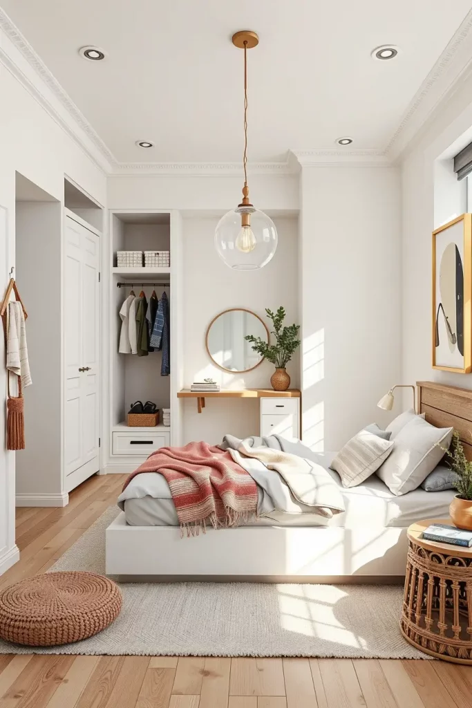 Minimalist bedroom with pendant lighting