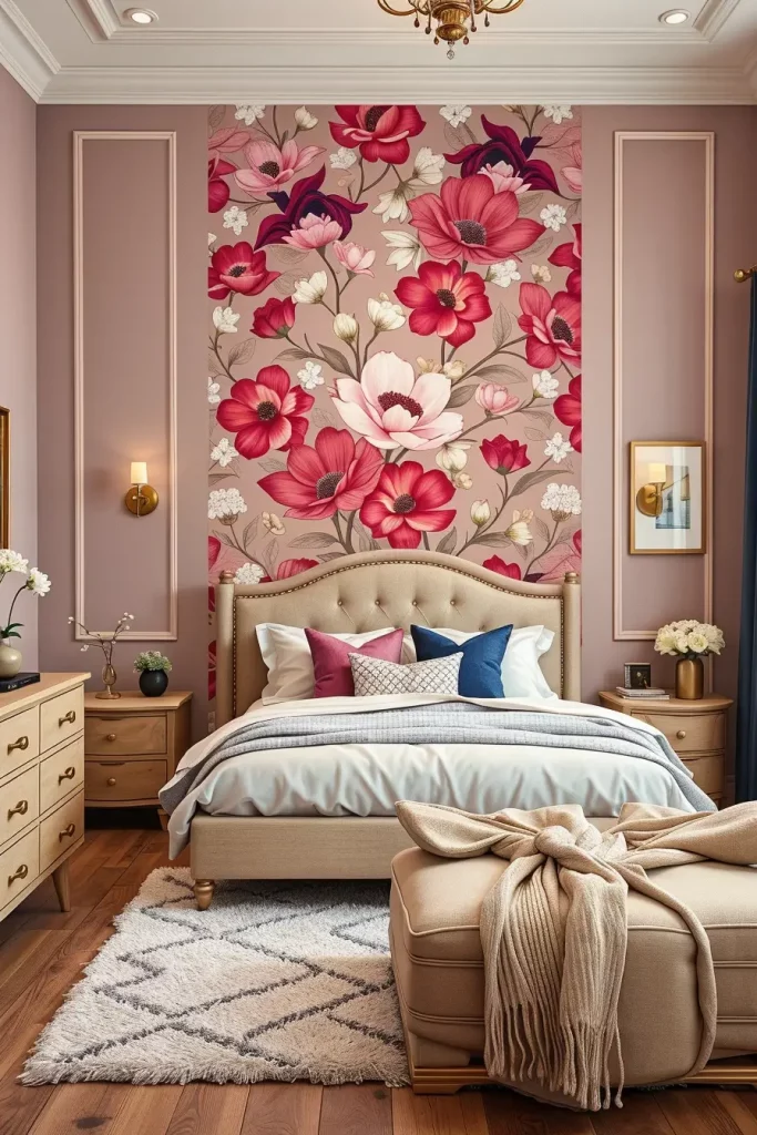 Accent wall with floral wallpaper in girl's bedroom