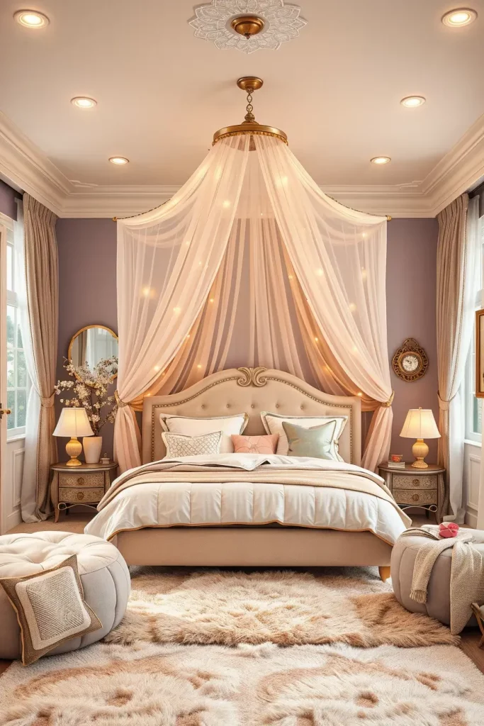 Velvet canopy bed with plush cushions