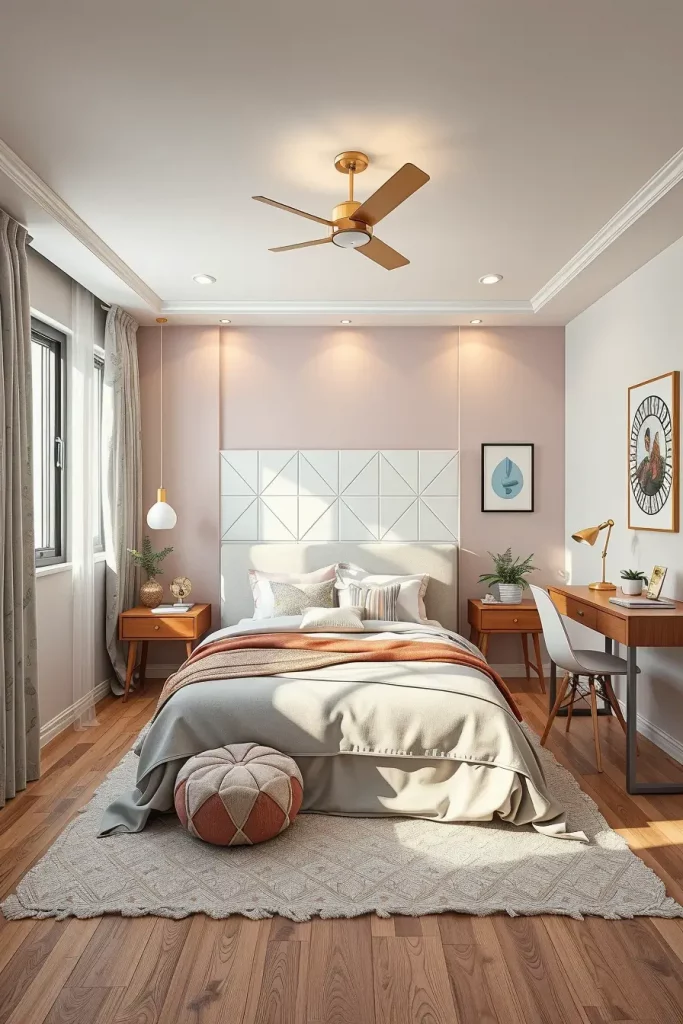 Pastel floral wallpaper with neutral furniture