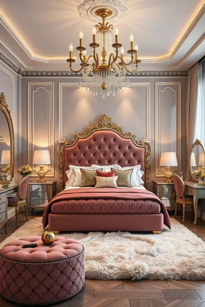 Glamorous bedroom with metallic accents