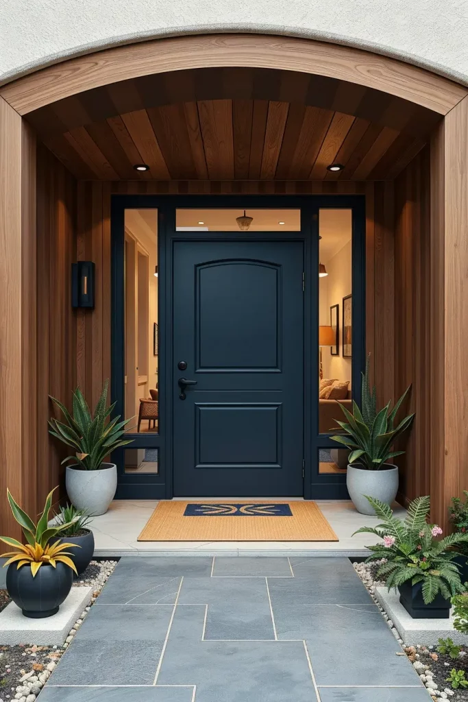 Bold front door with brass hardware and symmetrical lighting