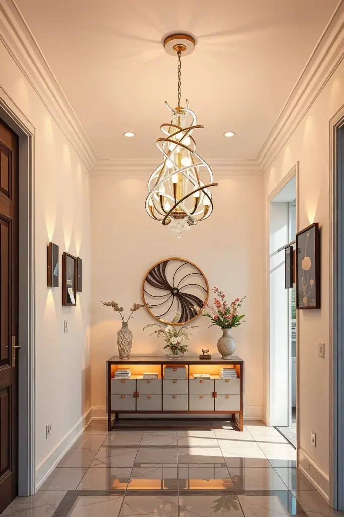 Layered lighting in a modern entryway