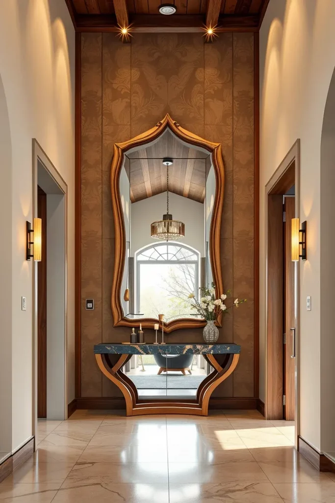 Large sculptural mirror in entryway
