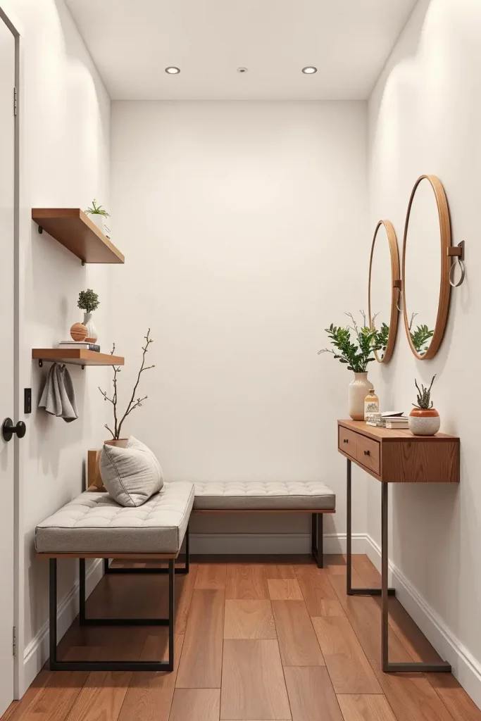 Minimalist small entryway with floating shelves